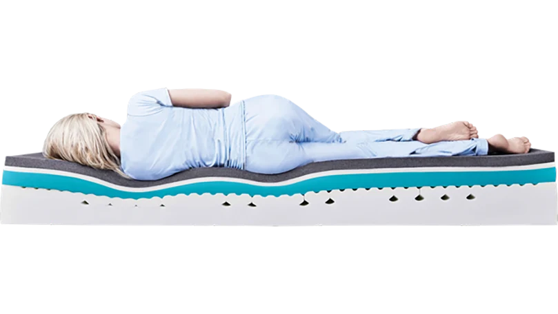 a woman laying on a simba hybrid mattress