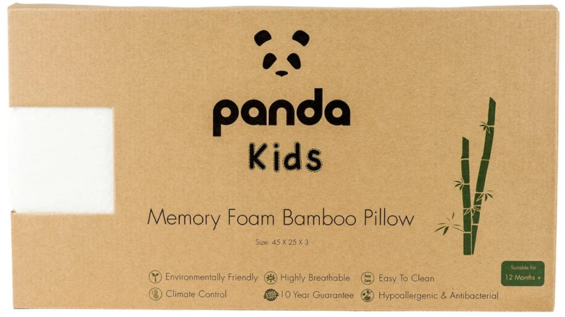 an image of panda kids memory foam bamboo pillow package