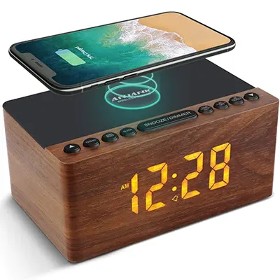 Product image of ANJANK Wooden FM Radio Alarm With Wireless Charger Station