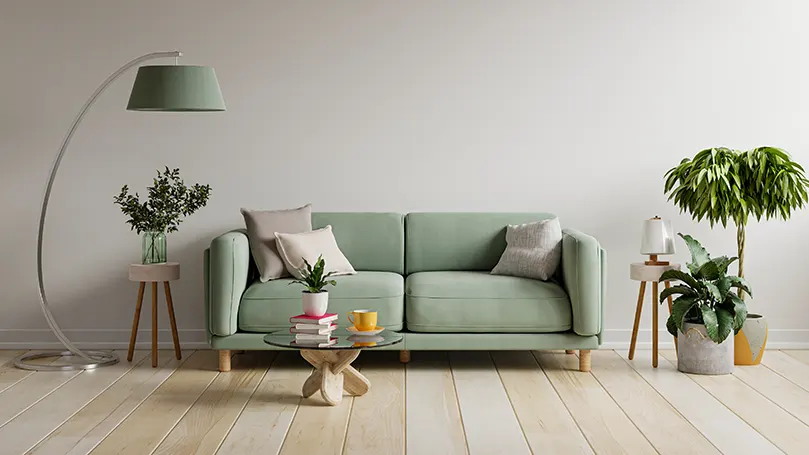 A green sofa in a living room surrounded with plants