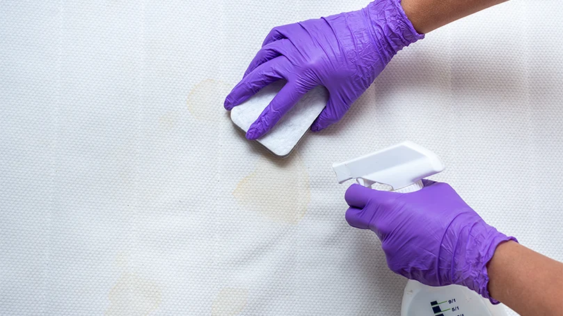 an image of a man cleaning a mattress topper with a vinegar