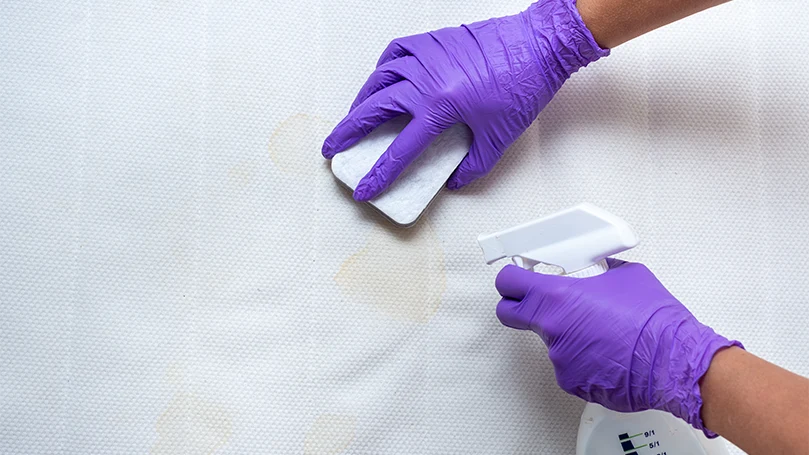 A man cleaning a mattress topper with a vinegar