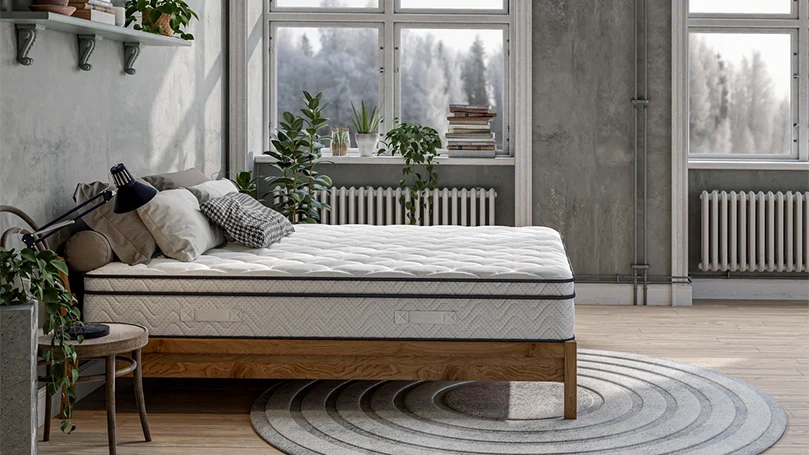 Image of Vesgantti Pro Hybrid mattress on a bed frame in a bedroom