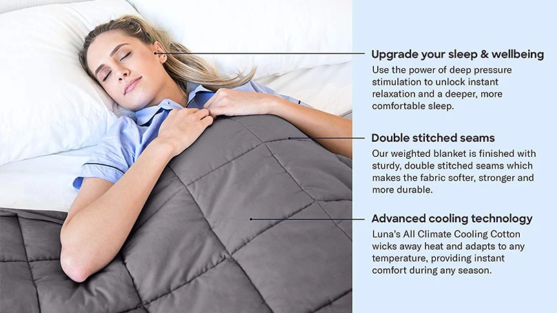 an image of a woman covered with luna weighted blanket in bed