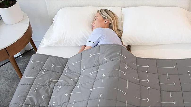 an image of a woman sleeping covered with luna weighted blanket
