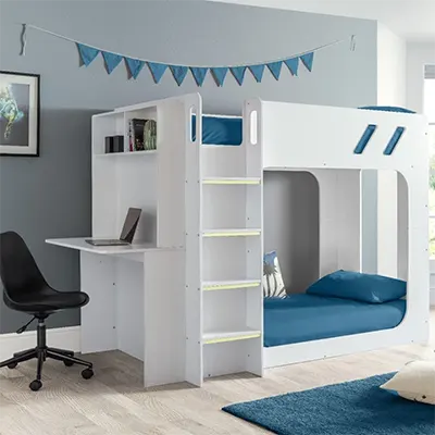 Product image of Happy Beds Venus White Wooden Bunk Bed with End Desk Frame.