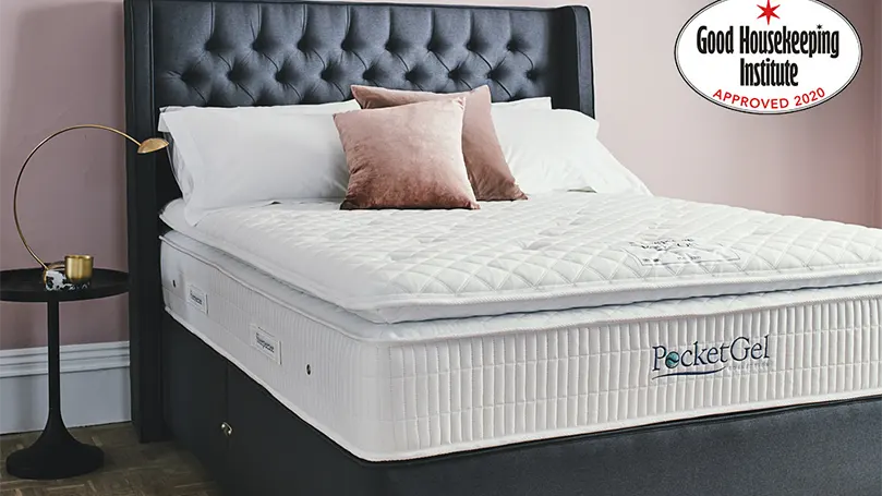 An image of Sleepeezee Pocketgel Poise 3200 mattress on an upholstered bed frame.