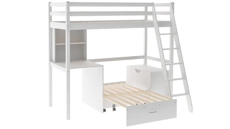 An image cabin bed with storage space.