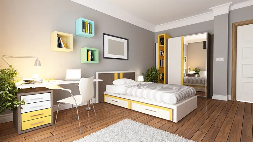 An image of a mixed colour bedroom.