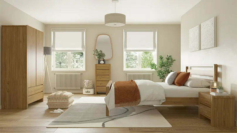 An image of hip hop bed frame next to window in a bedroom.