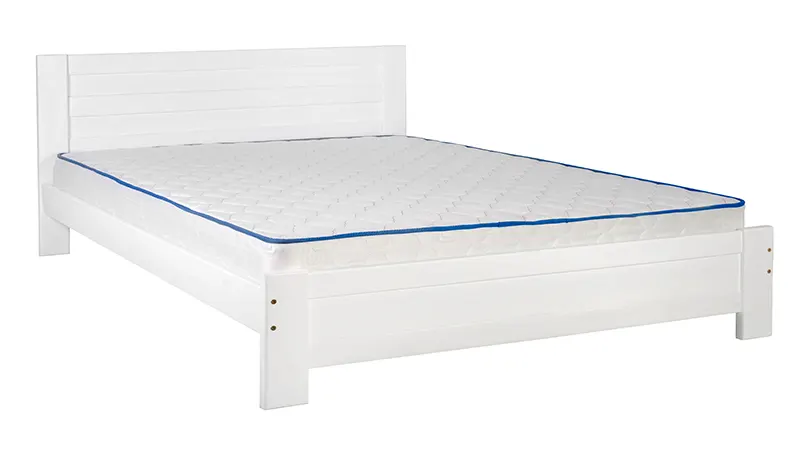 A double wooden bed on a white background
