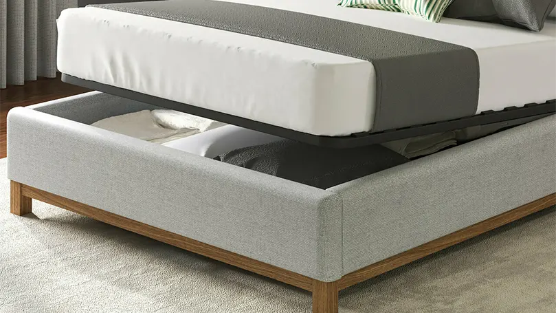 An image of the Virage Ottoman Upholstered bed frame with an opened storage space