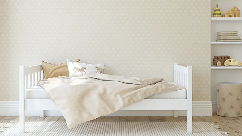 An image of a Scandinavian rug in a bedroom.