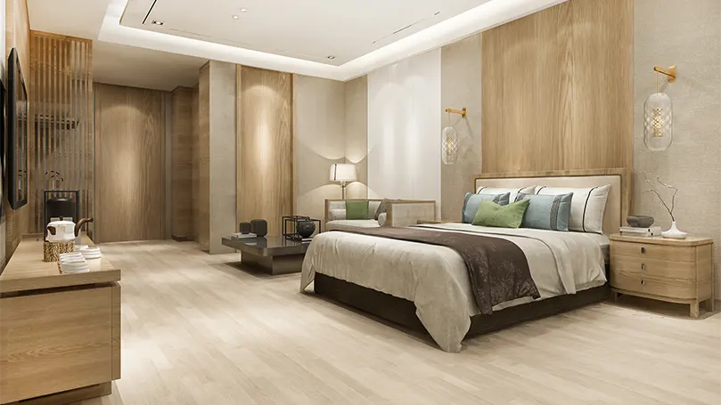 An image of a luxury & modern bedroom with modern floor.