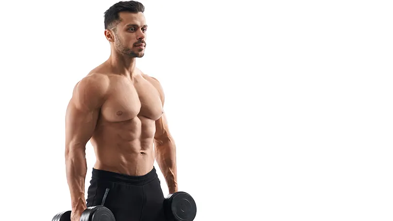 An image of a male without shirt holding dumbbells.