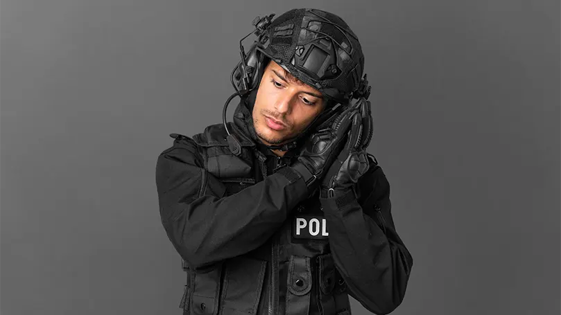 An image of a man in a swat police uniform.
