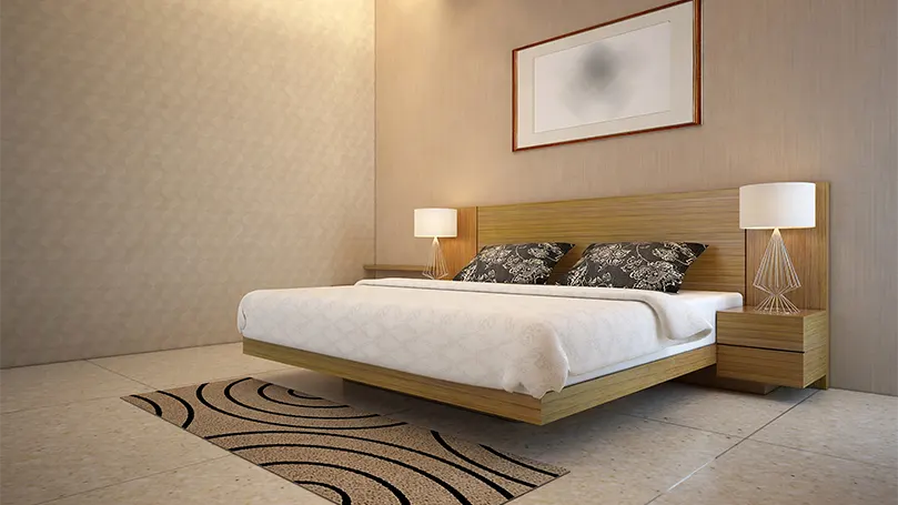 An image of a minimalistic bedroom with a thick mattress.