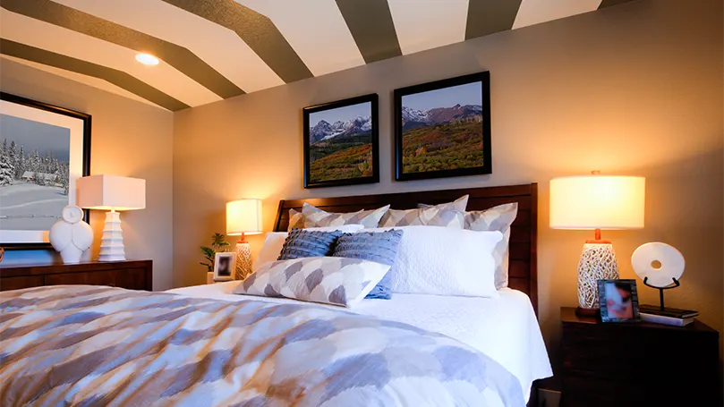 An image of painted ceiling in a bedroom.