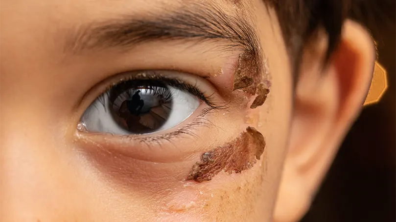 An image of a child having scars close to eyelids.