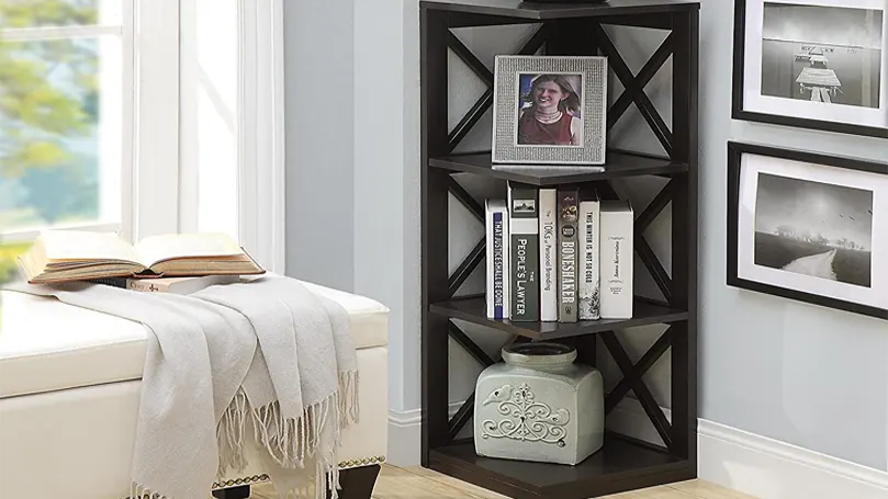 An image of a corner rack in a bedroom.