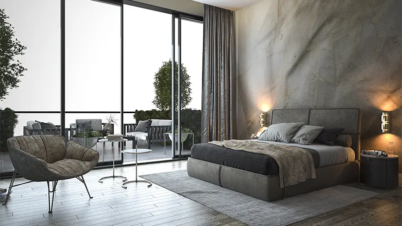 An image of a modern bedroom with a high ceiling.