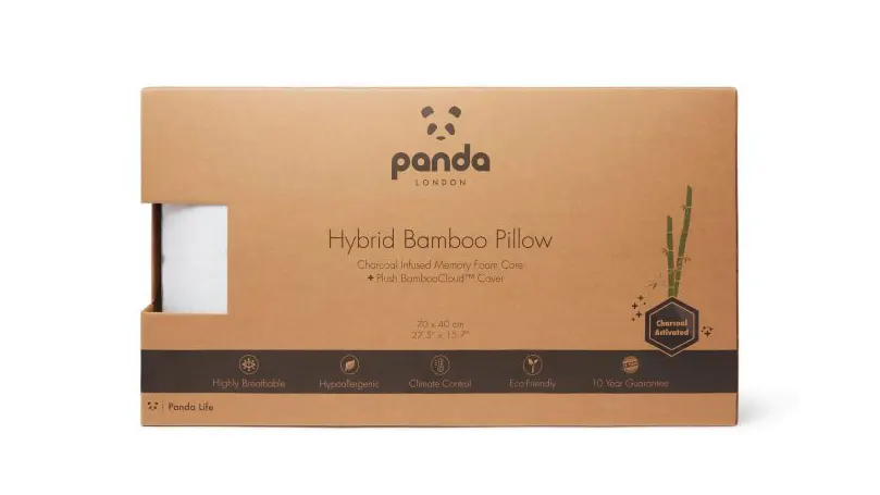 An image of Panda hybrid bamboo pillow in a closed eco-friendly package.