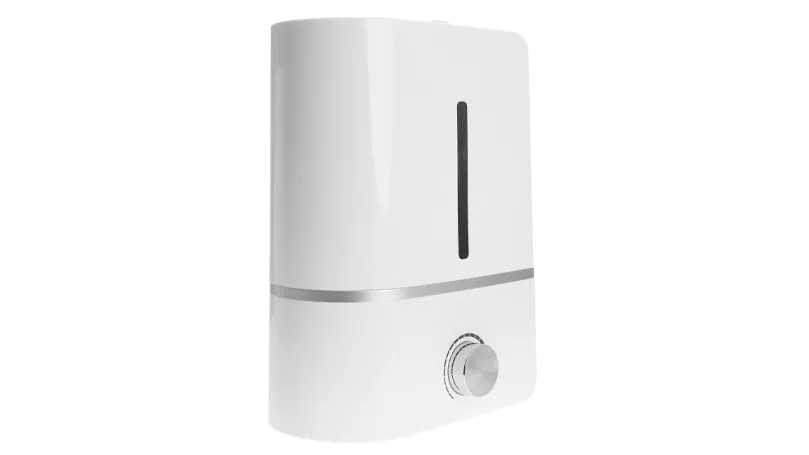 A modern white air purifier on a white background