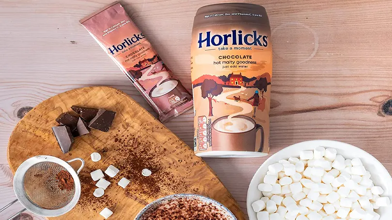 Horlicks on table with chocolate.