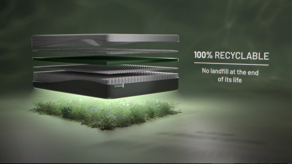 Recyclable Simba GO hybrid mattress with exposed layers- render
