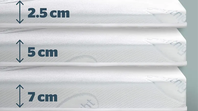 An image of the Silentnight Impress memory foam topper at three different thickness levels