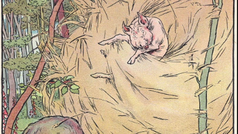 The cover art for the fairy tale The Three Little Pigs