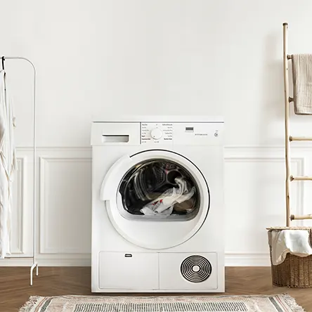 A washing machine in a laundry room that is organized and not cluttered