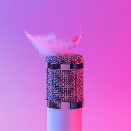 An image of a microphone with a feather atop it