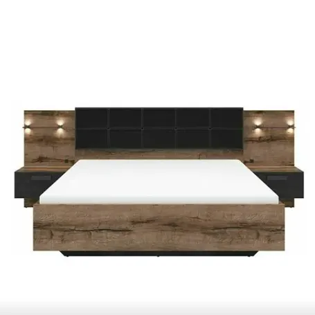 a product image of Luxury King Size Bed Euro Frame Padded Headboard LED Light USB Cahrges Bedside Cabinets Oak Black Kassel