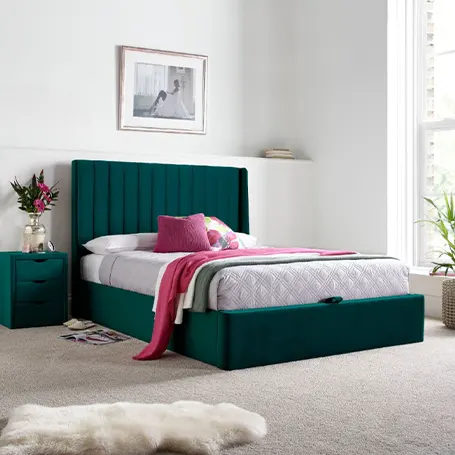 Harper Green Velvet Ottoman Storage Bed Frame
