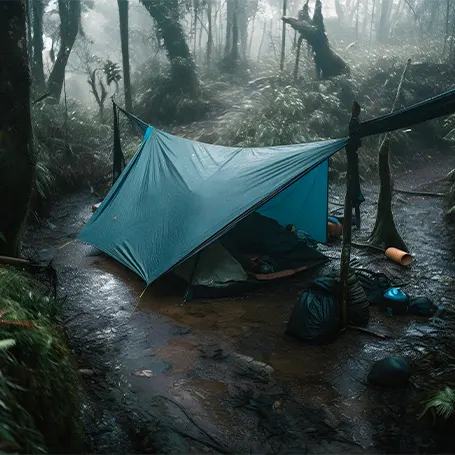 An image of a tent in the woods