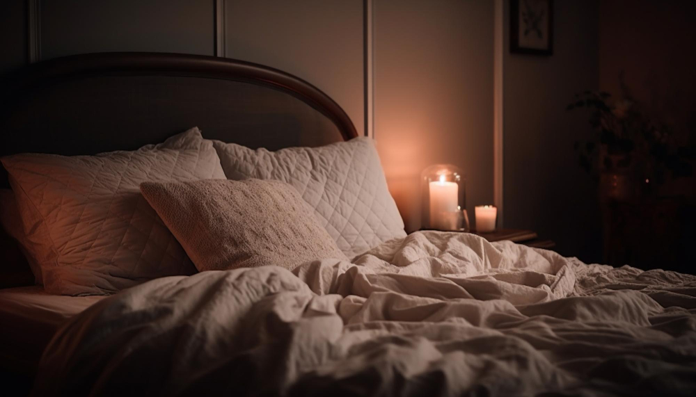 An image of a bed with candles next to it.