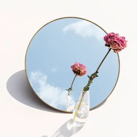 An image of a mirror with a flower in front of it.