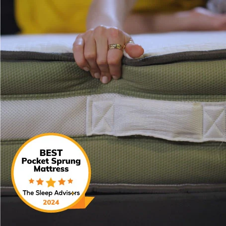 A product image of the Just Breathe Eco Comfort mattress with the TSA badge for the best pocket sprung mattress