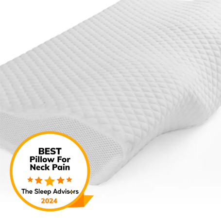 A product image of the Groove Pillow with the TSA award for best pillow for neck pain